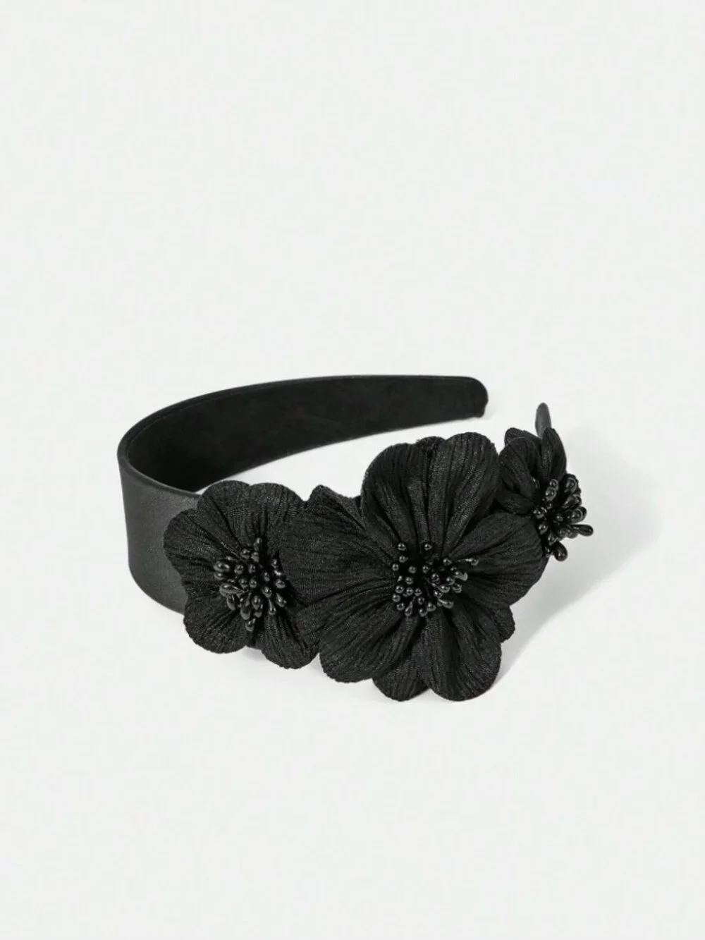 Black Floral Beaded Headband - 3D Flower Statement